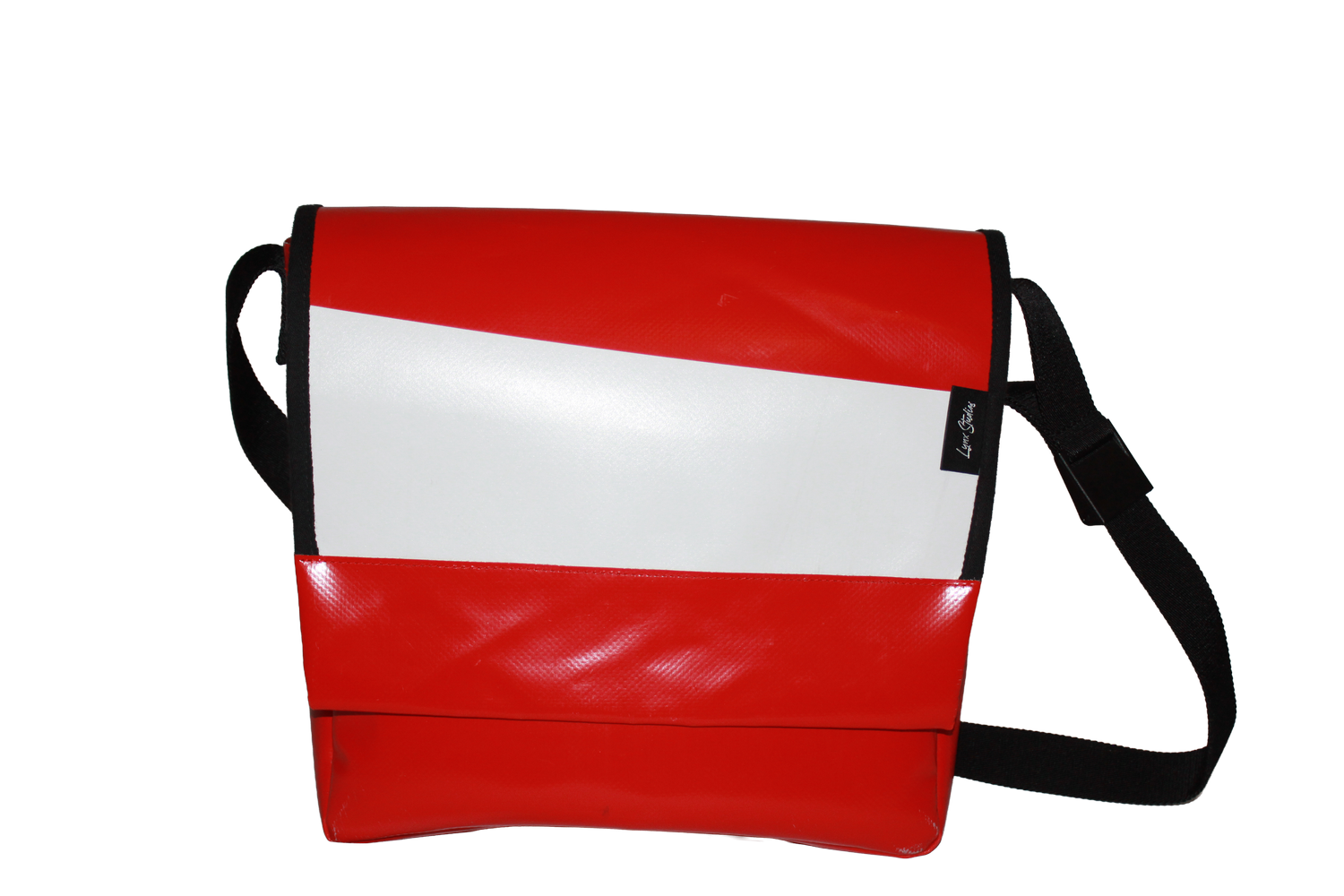Messenger bag rouge et blanc upcyclé Lynx Studios, vue de face
